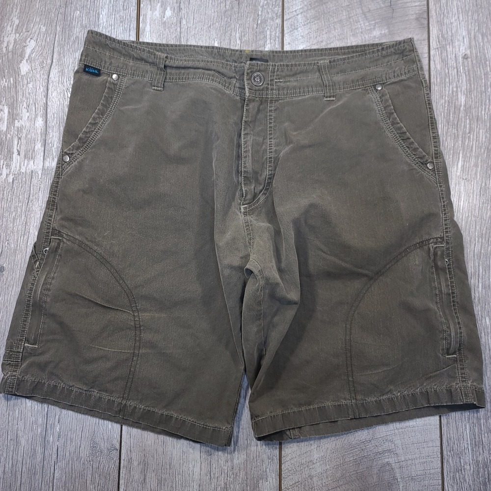 KUHL Cargo Shorts Mens 36 Olive Green Vintage Patina Dye Hiking Outdoor